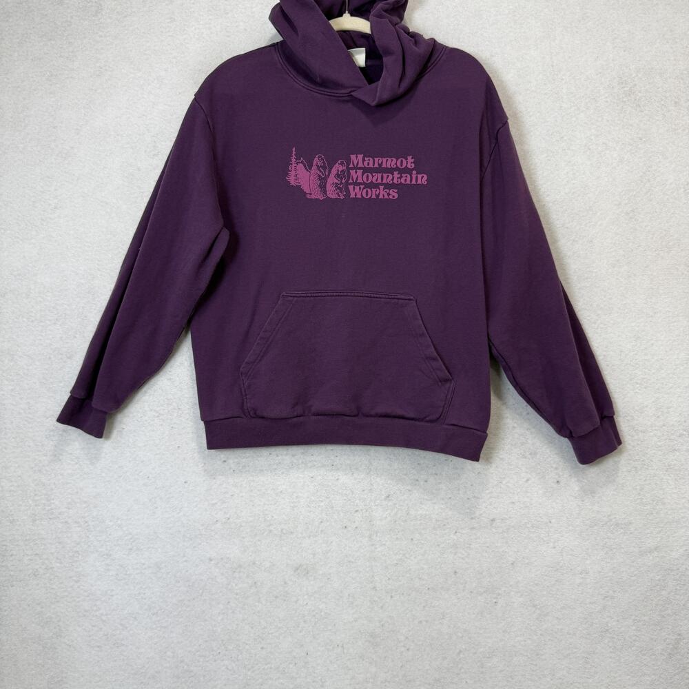 Marmot Mountain Works Hoodie Mens XL Purple Graphic Kangaroo Pocket Sweatshirt